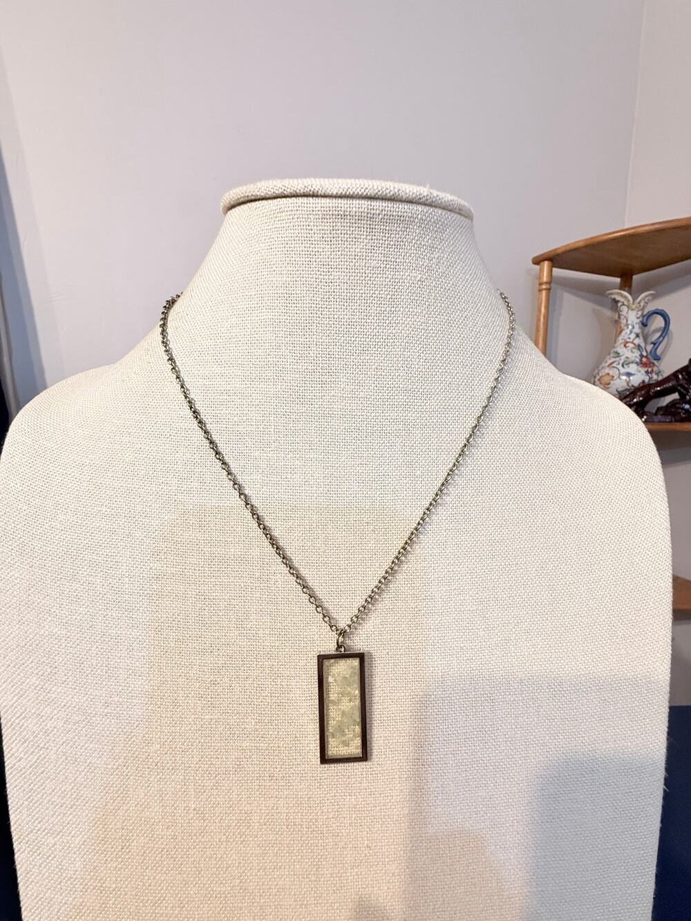Vintage Rectangle Pendant Necklace 18” Silver Tone